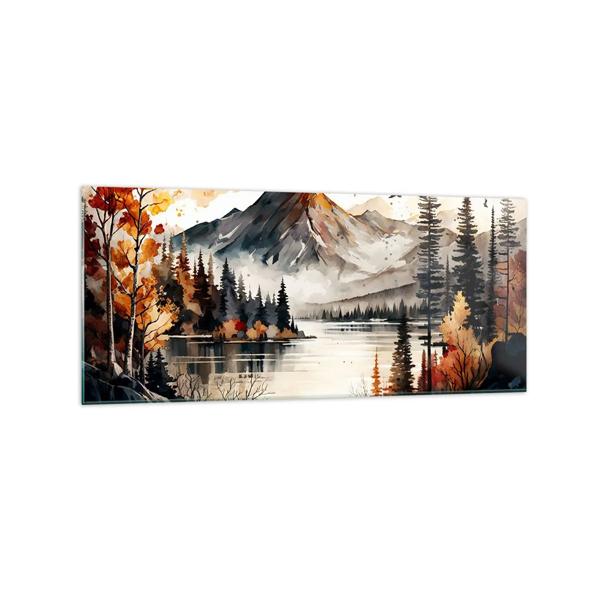 Glasbild - Bild auf glas - Herbstliche Berglandschaft mit See und Bäumen in Aquarell - 120x50cm - Goldener Herbst in den Bergen - Moderne Wanddekoration für Wohnzimmer und Schlafzimmer ARTTOR