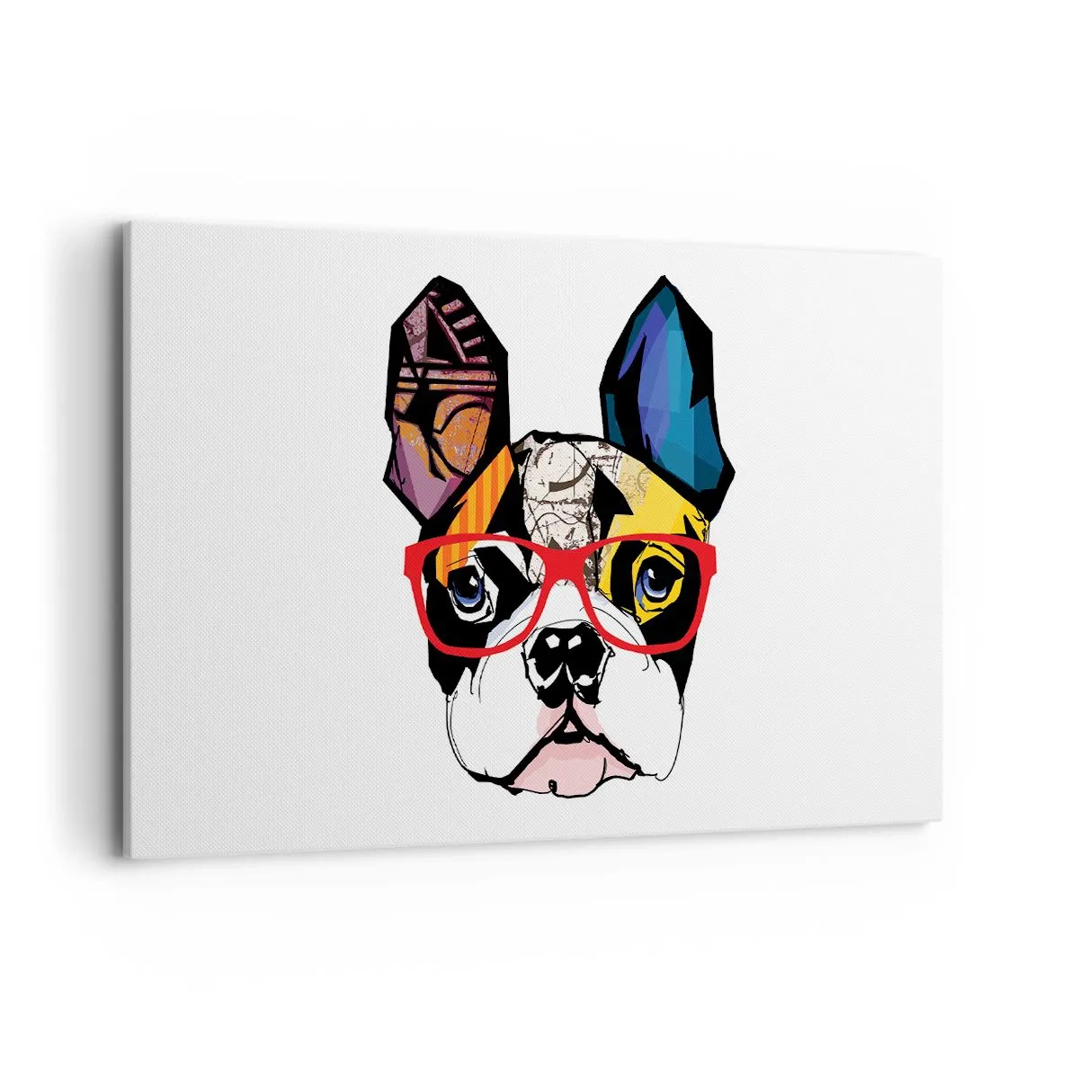 Bild auf Leinwand - Leinwandbild - Bulldogge in einer bunten Illustration mit roter Brille - 120x80cm - Intellektuelle - Moderne Wanddekoration für Wohnzimmer und Schlafzimmer ARTTOR