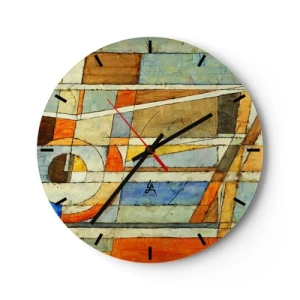 Wanduhr - Glasuhr - Abstraktes Muster mit orangen, beigen und blauen Farben - 30x30cm - Kubismus auf der Baustelle - Moderne Wanddekoration für Wohnzimmer, Küche und Schlafzimmer ARTTOR