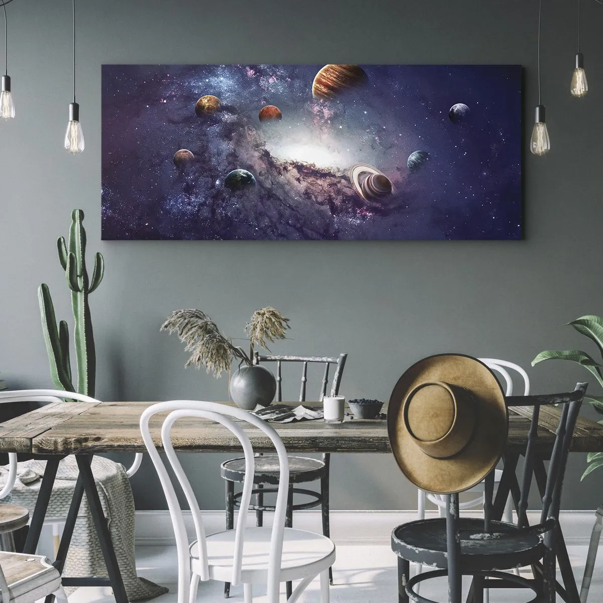 Bild auf Leinwand - Leinwandbild - Planeten in einer Galaxie mit einem Nebel im Hintergrund - 160x50cm - Solar-Tanz-System - Moderne Wanddekoration für Wohnzimmer und Schlafzimmer ARTTOR