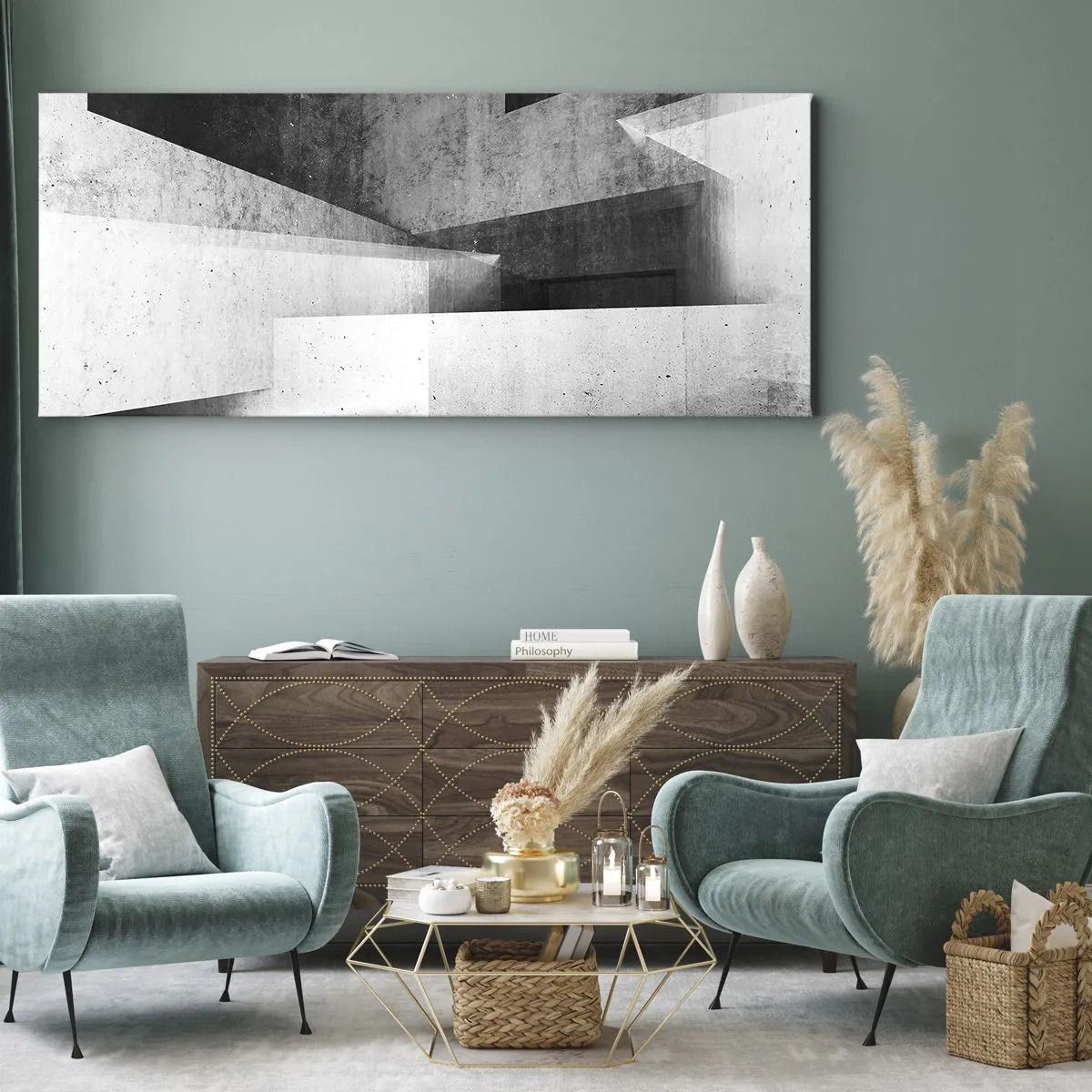 Bild auf Leinwand - Leinwandbild - Geometrische Formen in einer monochromen Komposition - 140x50cm - Die Raumstruktur - Moderne Wanddekoration für Wohnzimmer und Schlafzimmer ARTTOR