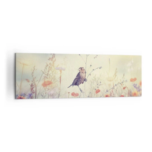 Bild auf Leinwand - Leinwandbild - Ein Vogel vor dem Hintergrund einer bunten Wiese in Pastellfarben - 160x50cm - Vogelporträt mit einer Wiese im Hintergrund - Moderne Wanddekoration für Wohnzimmer und Schlafzimmer ARTTOR