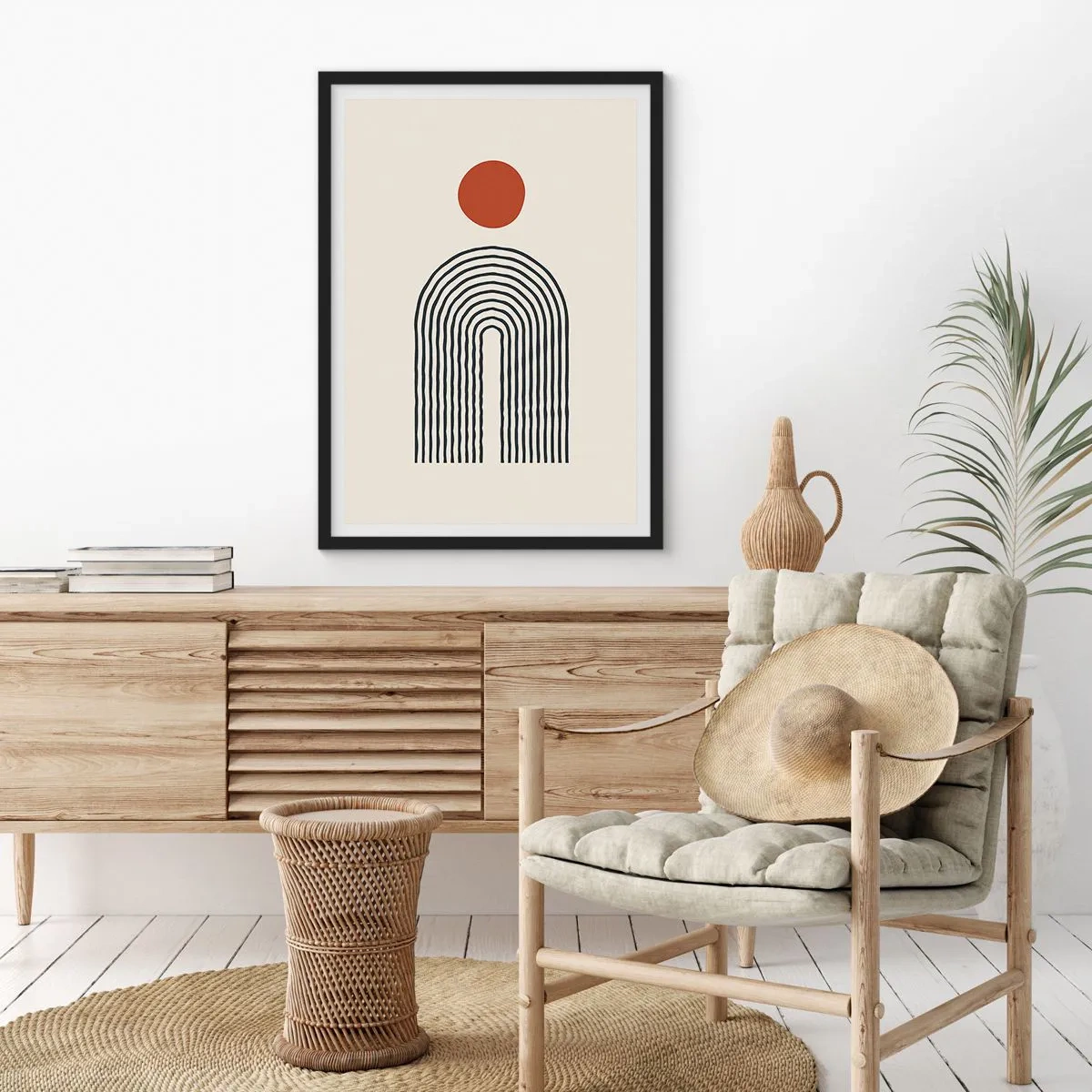 Poster in einem schwarzem Rahmen - Geometrische Abstraktion mit einem linearen Bogen und einem roten Kreis. - 50x70cm - Magnetismus von Formen und Farben - Moderne Wanddekoration für Wohnzimmer und Schlafzimmer ARTTOR