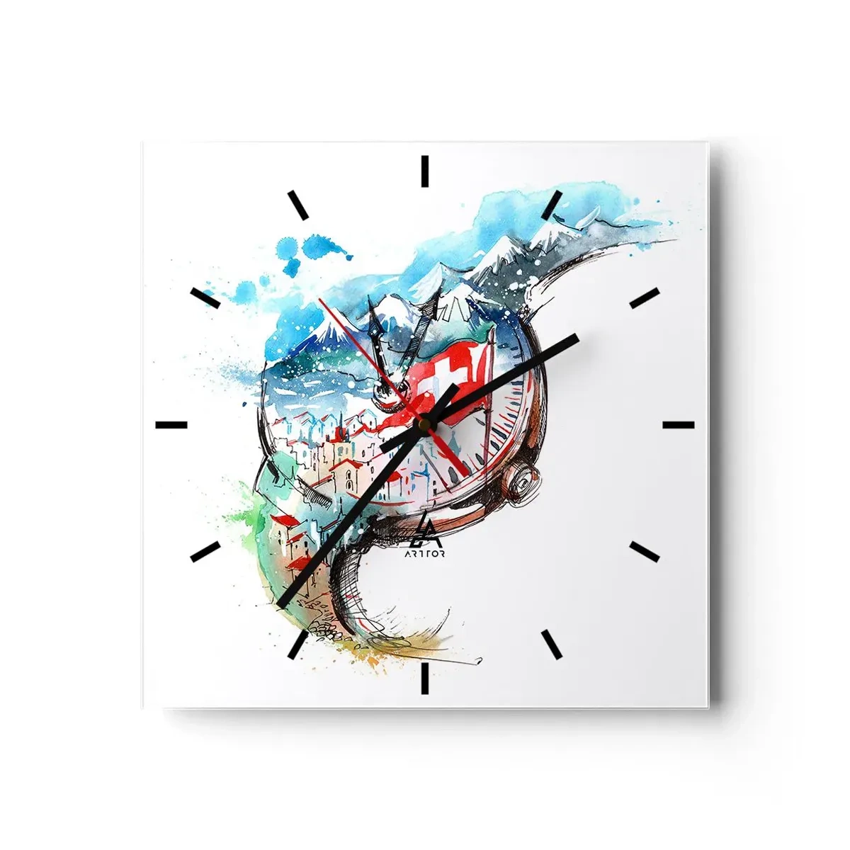 Wanduhr - Glasuhr - Eine Aquarelllandschaft der Schweiz im Uhrwerk-Design - 30x30cm - Der Geist der Schweiz - Moderne Wanddekoration für Wohnzimmer und Schlafzimmer ARTTOR
