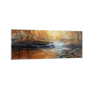 Glasbild - Bild auf glas - Herbstlandschaft mit einem Fluss zwischen den Bäumen - 140x50cm - Der goldene Strom - Moderne Wanddekoration für Wohnzimmer und Schlafzimmer ARTTOR