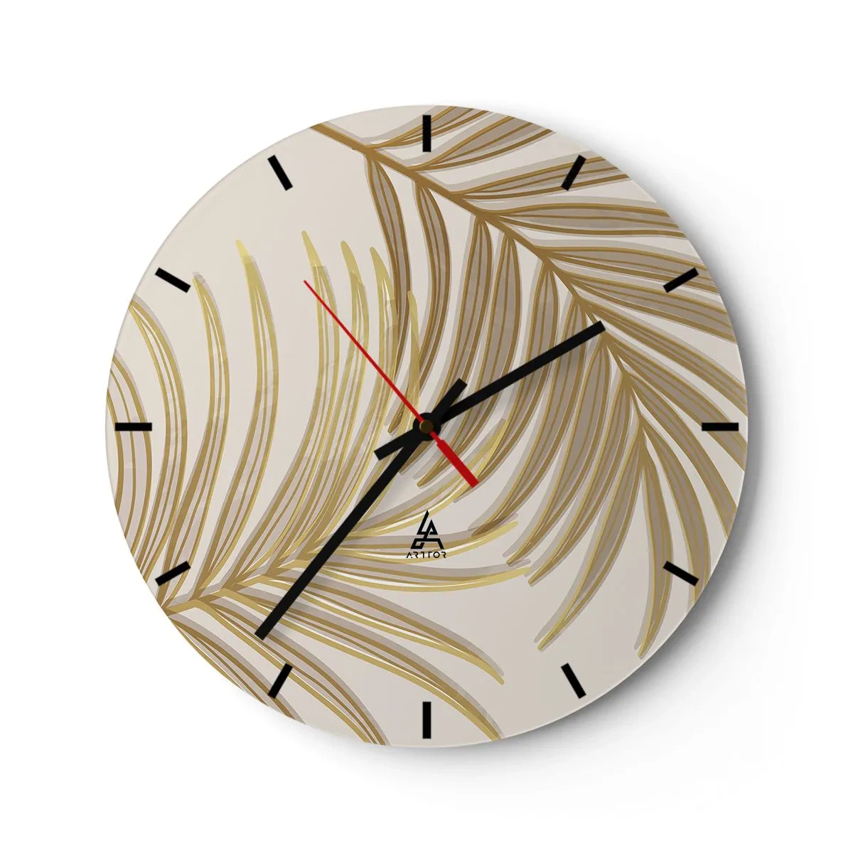 Wanduhr - Glasuhr - Goldene Palmblätter auf beigem Hintergrund in elegantem Arrangement - 30x30cm - Goldene Palme! - Moderne Wanddekoration für Wohnzimmer, Küche und Schlafzimmer ARTTOR