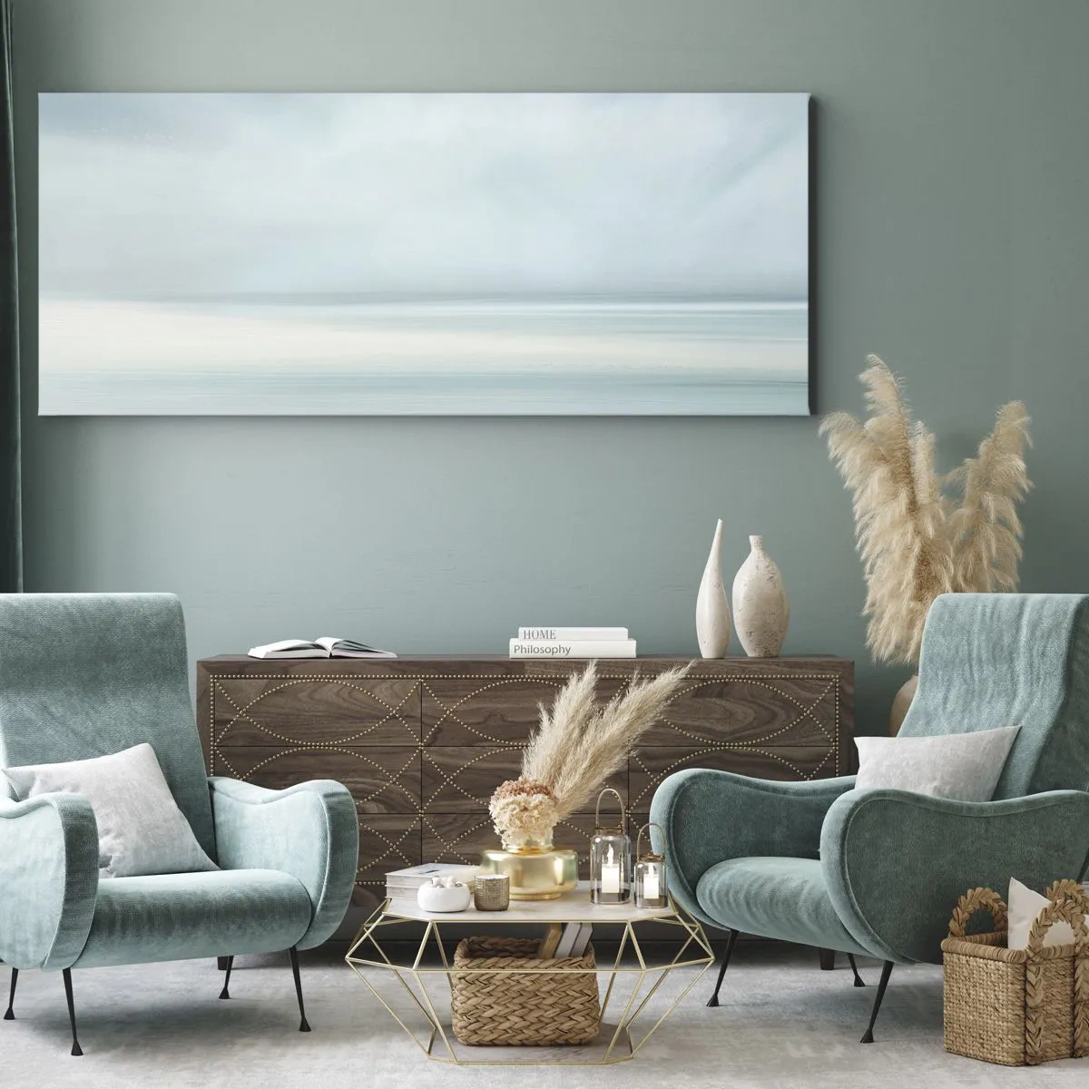 Bild auf Leinwand - Leinwandbild - Eine minimalistische Landschaft in zarten Blautönen - 160x50cm - Frieden bis zum Horizont - Moderne Wanddekoration für Wohnzimmer und Schlafzimmer ARTTOR