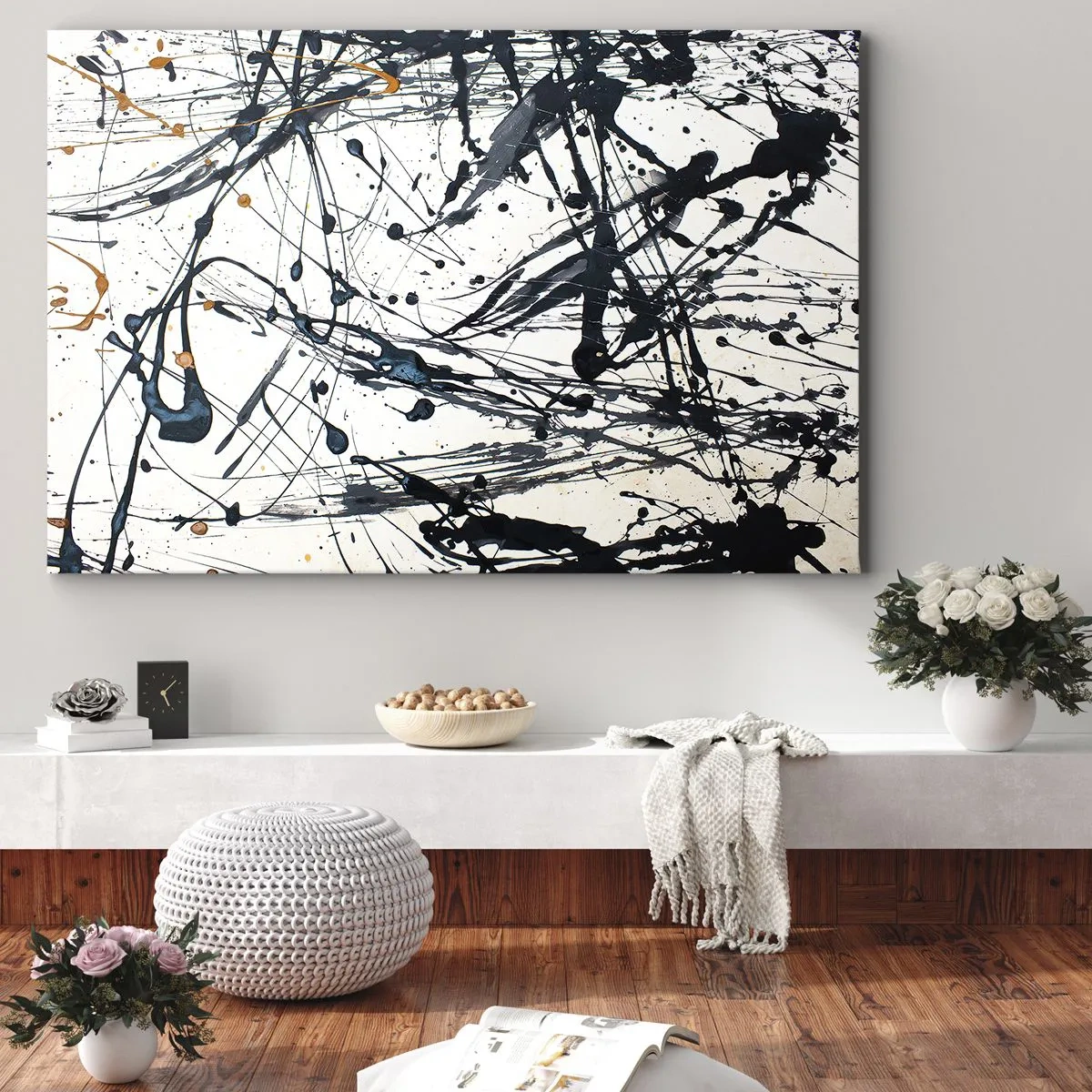 Bild auf Leinwand - Leinwandbild - Ein abstraktes Gemälde mit Farbspritzern in dynamischen Mustern. - 70x50cm - Expressionistische Abstraktion - Moderne Wanddekoration für Wohnzimmer und Schlafzimmer ARTTOR