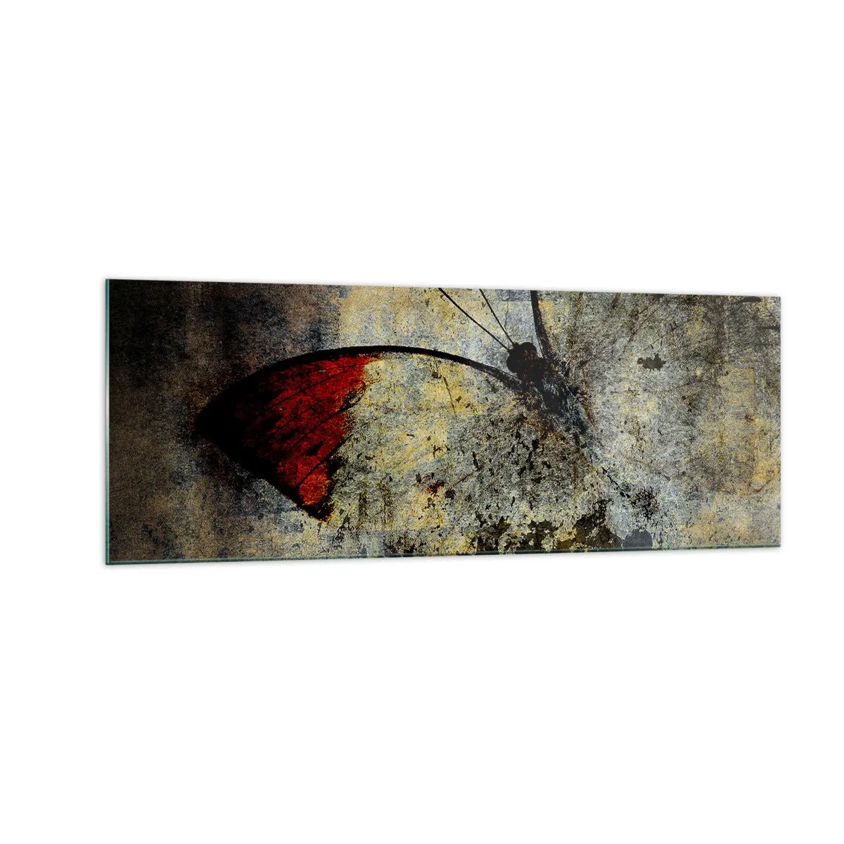 Glasbild - Bild auf glas - Ein Schmetterling in Rot- und Grautönen auf strukturiertem Hintergrund - 140x50cm - Pass auf, bevor ich verschwinde - Moderne Wanddekoration für Wohnzimmer und Schlafzimmer ARTTOR