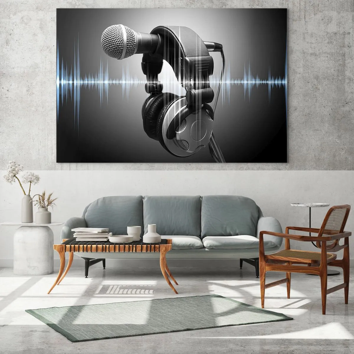 Glasbild - Bild auf glas - Mikrofon mit Kopfhörern vor einem Hintergrund aus Schallwellen - 100x70cm - Du kannst immer noch den Gesang hören - Moderne Wanddekoration für Wohnzimmer und Schlafzimmer ARTTOR