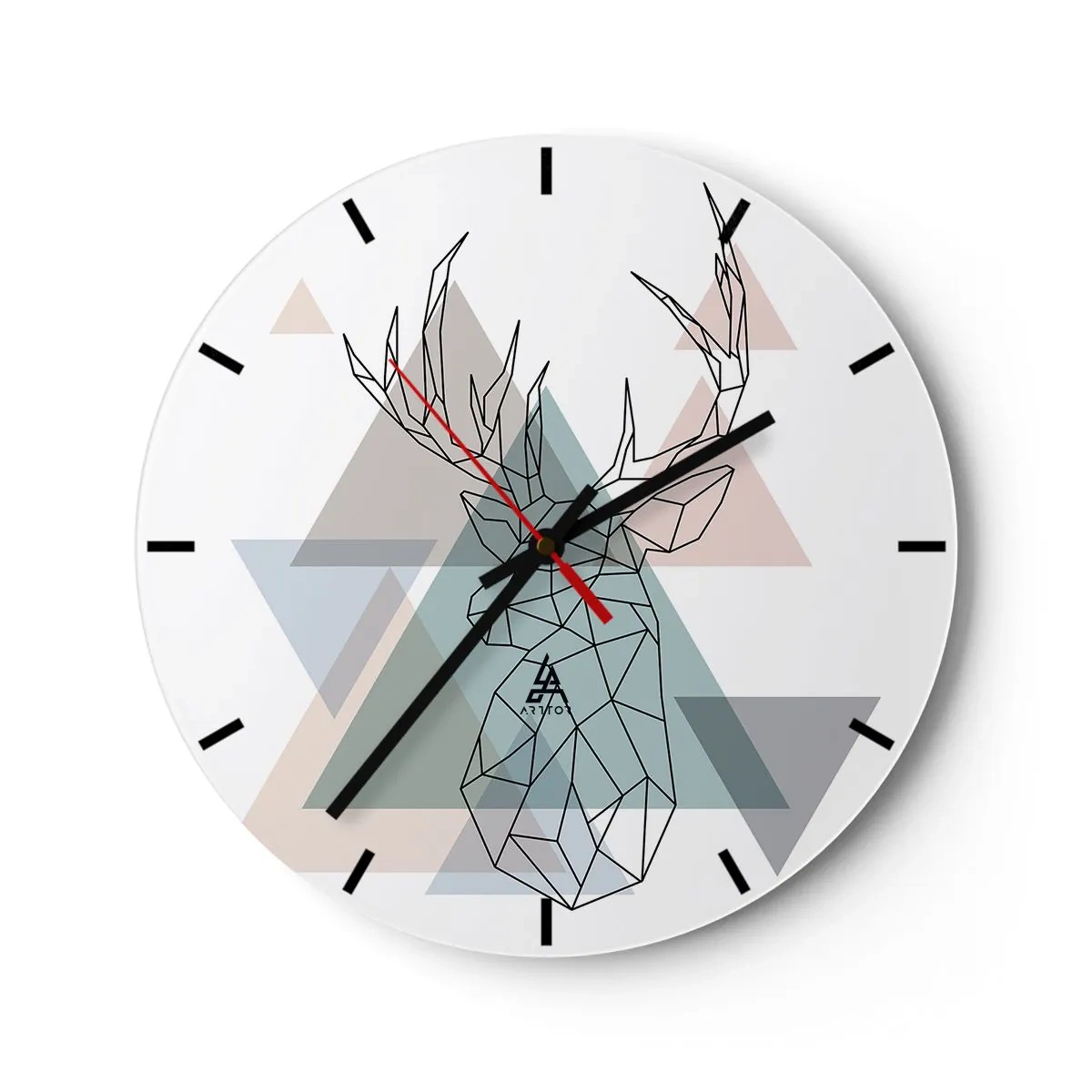 Wanduhr - Glasuhr - Geometrisches Bild eines Hirsches vor einem Hintergrund aus Dreiecken - 30x30cm - In einem geometrischen Wald - Moderne Wanddekoration für Wohnzimmer, Küche und Schlafzimmer ARTTOR