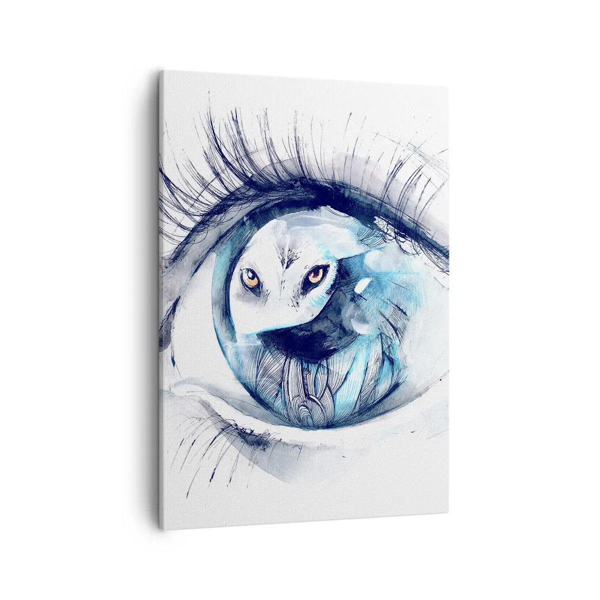 Bild auf Leinwand - Leinwandbild - Ein Auge mit dem Bild einer Eule in Aquarell-Blautönen - 50x70cm - Auge in Auge mit Wildheit - Moderne Wanddekoration für Wohnzimmer und Schlafzimmer ARTTOR