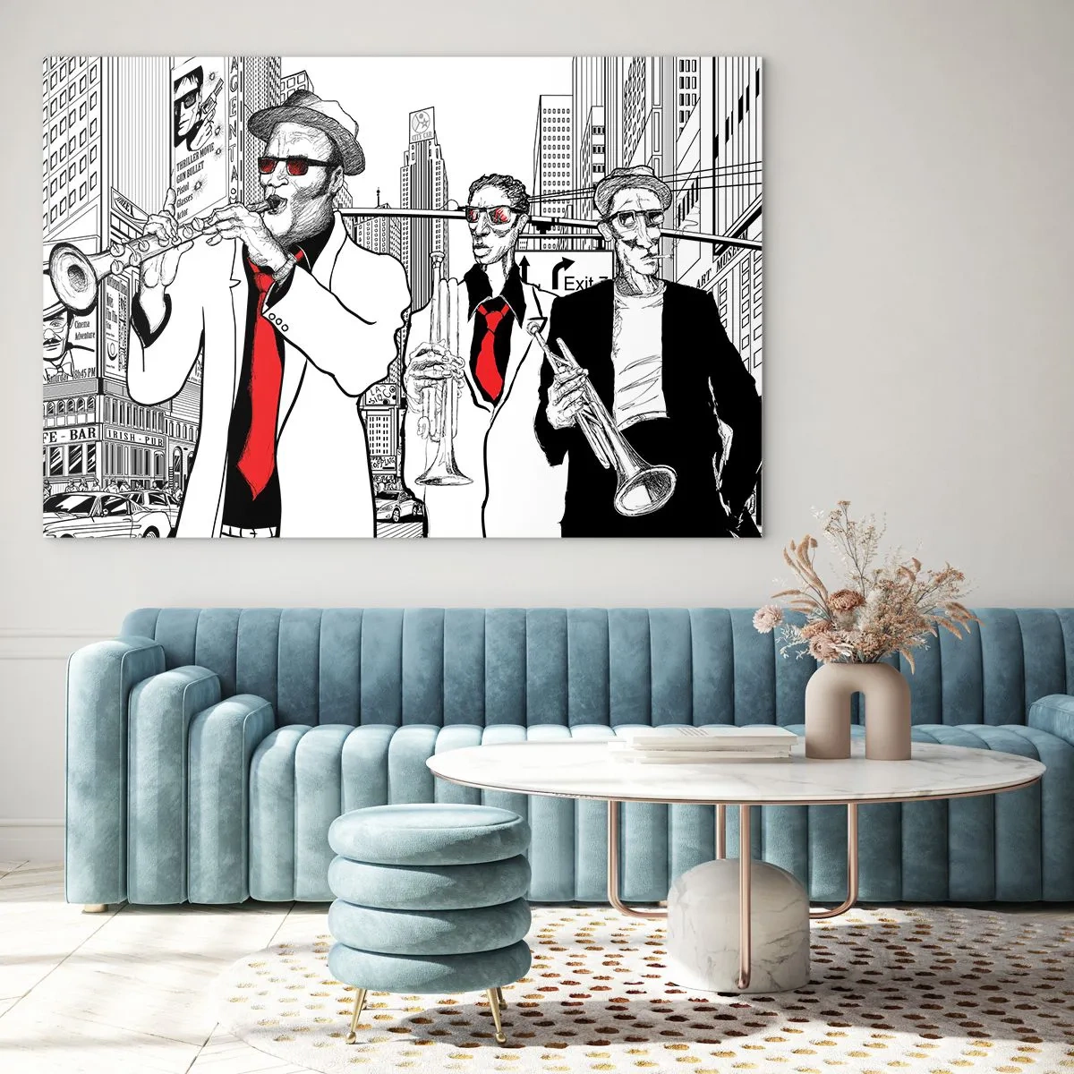 Glasbild - Bild auf glas - Eine Jazz-Straßenband mit modernem Grafikstil. - 70x50cm - Urbane Rhapsodie in Schwarz und Rot - Moderne Wanddekoration für Wohnzimmer und Schlafzimmer ARTTOR