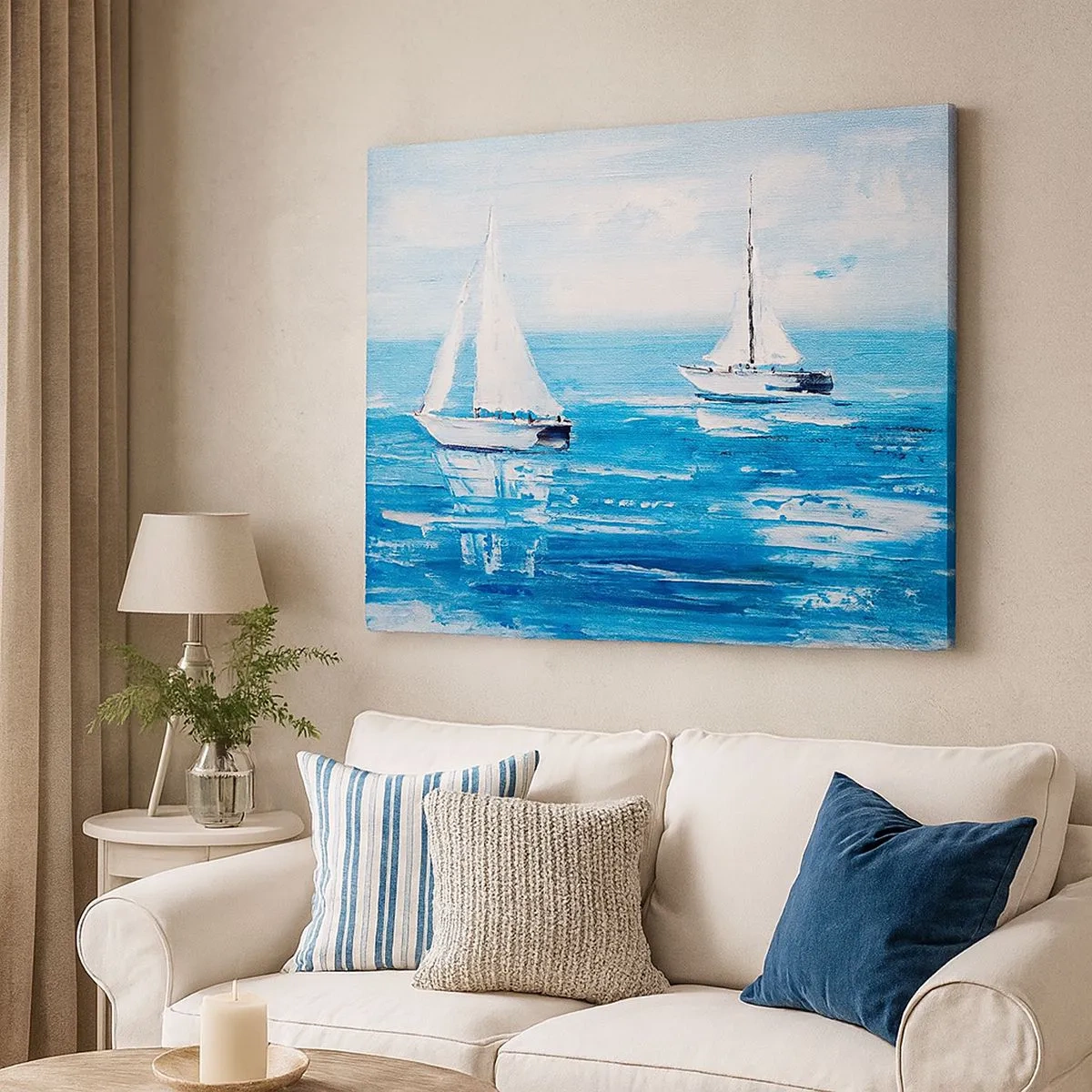 Bild auf Leinwand - Leinwandbild - Yachten auf dem blauen Meer im künstlerischen Stil - 70x50cm - Mit Freund an der Seite - Moderne Wanddekoration für Wohnzimmer und Schlafzimmer ARTTOR