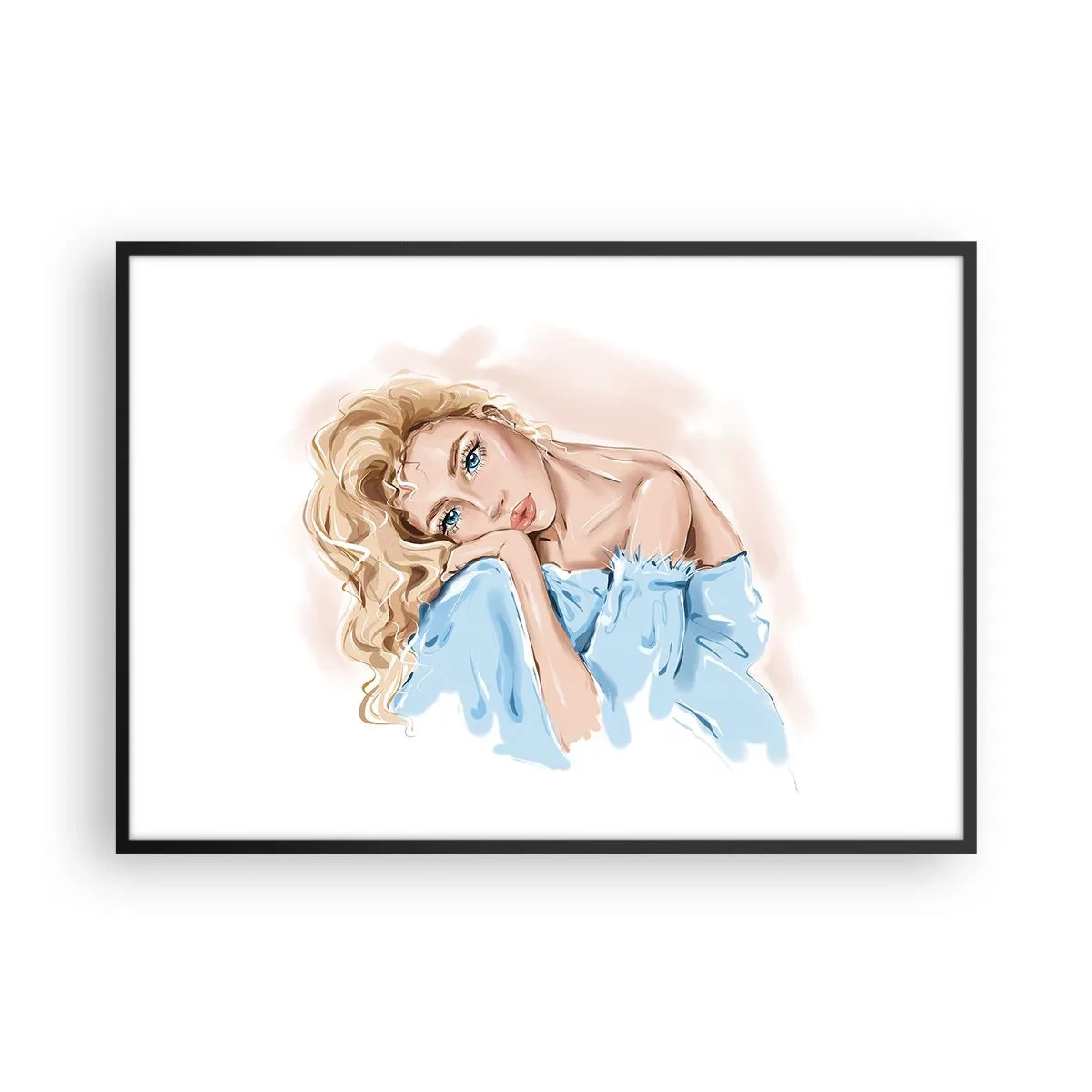 Poster in einem schwarzem Rahmen - Porträt einer Frau in einem blauen Kleid mit blonden Haaren - 100x70cm - Verträumt im Blau - Moderne Wanddekoration für Wohnzimmer und Schlafzimmer ARTTOR