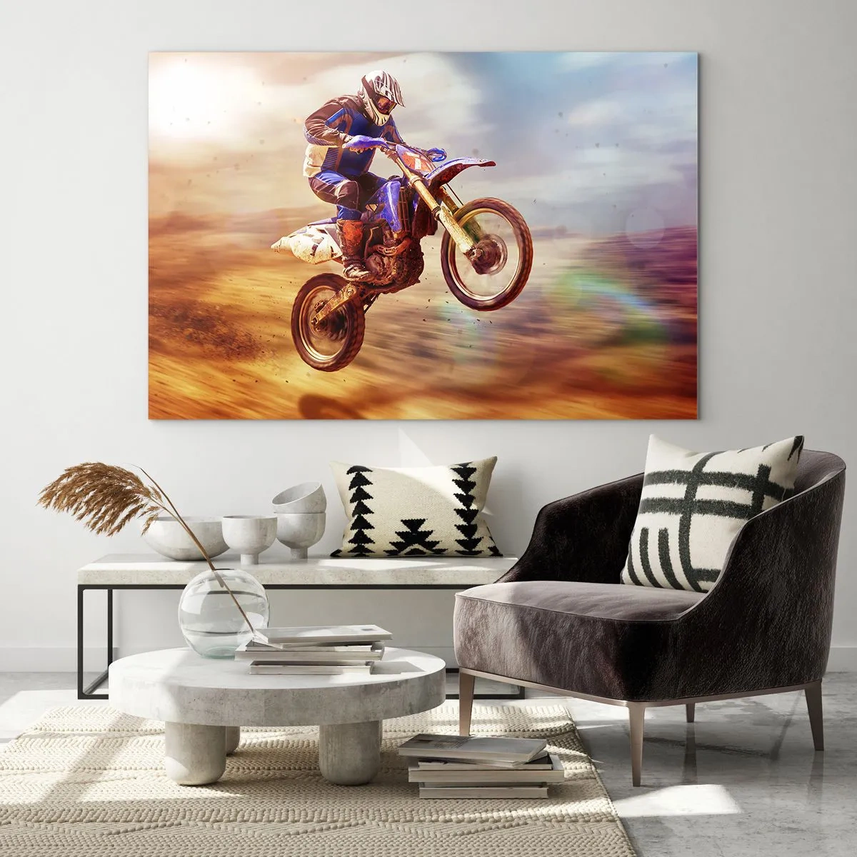 Glasbild - Bild auf glas - Ein Motorradfahrer fliegt über sandiges Gelände - 70x50cm - Motorradschwindel - Moderne Wanddekoration für Wohnzimmer und Schlafzimmer ARTTOR