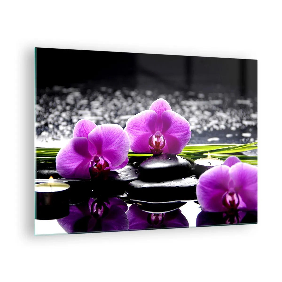 Glasbild - Bild auf glas - Lila Orchideen mit Steinen und Kerzen vor einem Wasserhintergrund - 70x50cm - In Ruhe ertrinken - Moderne Wanddekoration für Wohnzimmer und Schlafzimmer ARTTOR