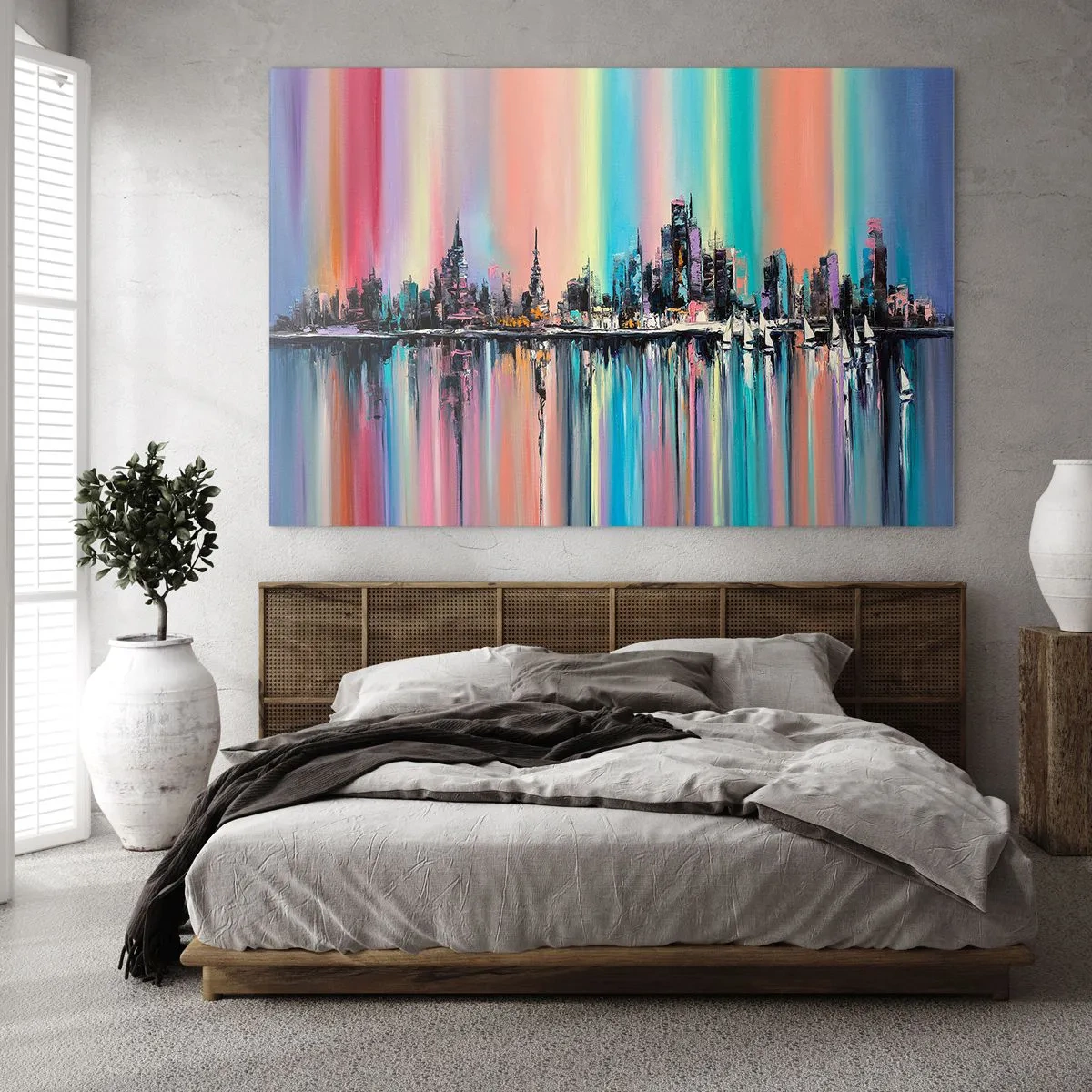 Glasbild - Bild auf glas - Abstraktes Stadtpanorama mit mehrfarbigem Hintergrund - 100x70cm - Um das Licht der Nacht herunterzufallen - Moderne Wanddekoration für Wohnzimmer und Schlafzimmer ARTTOR