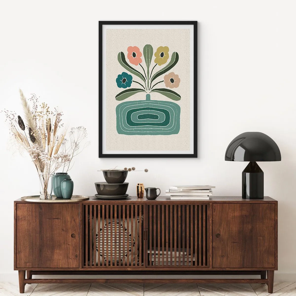 Poster in einem schwarzem Rahmen - Stilisierte Blumen in einer grafischen Komposition - 50x70cm - Symmetrischer Strauß - Moderne Wanddekoration für Wohnzimmer und Schlafzimmer ARTTOR