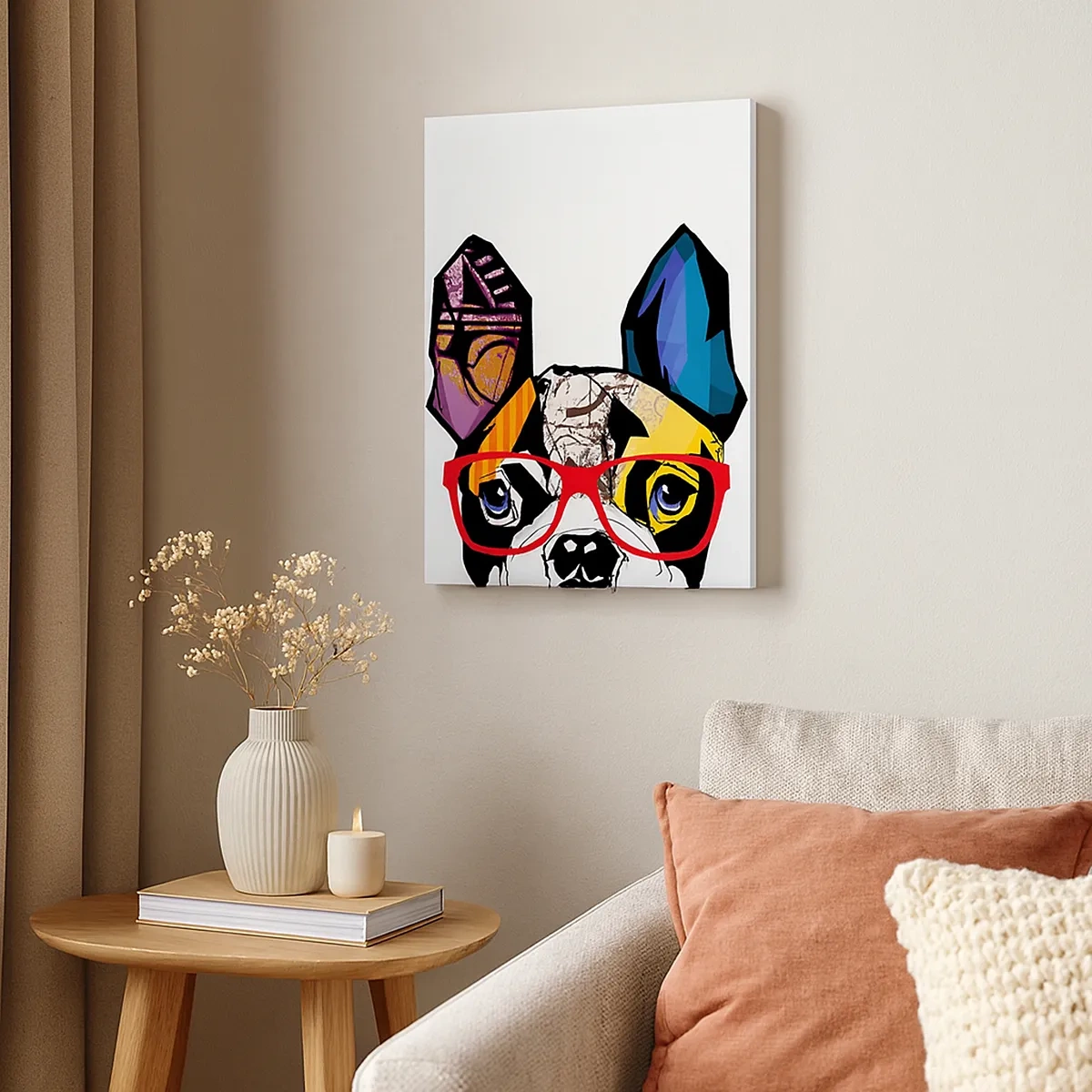 Bild auf Leinwand - Leinwandbild - Bulldogge in einer bunten Illustration mit roter Brille - 50x70cm - Intellektuelle - Moderne Wanddekoration für Wohnzimmer und Schlafzimmer ARTTOR