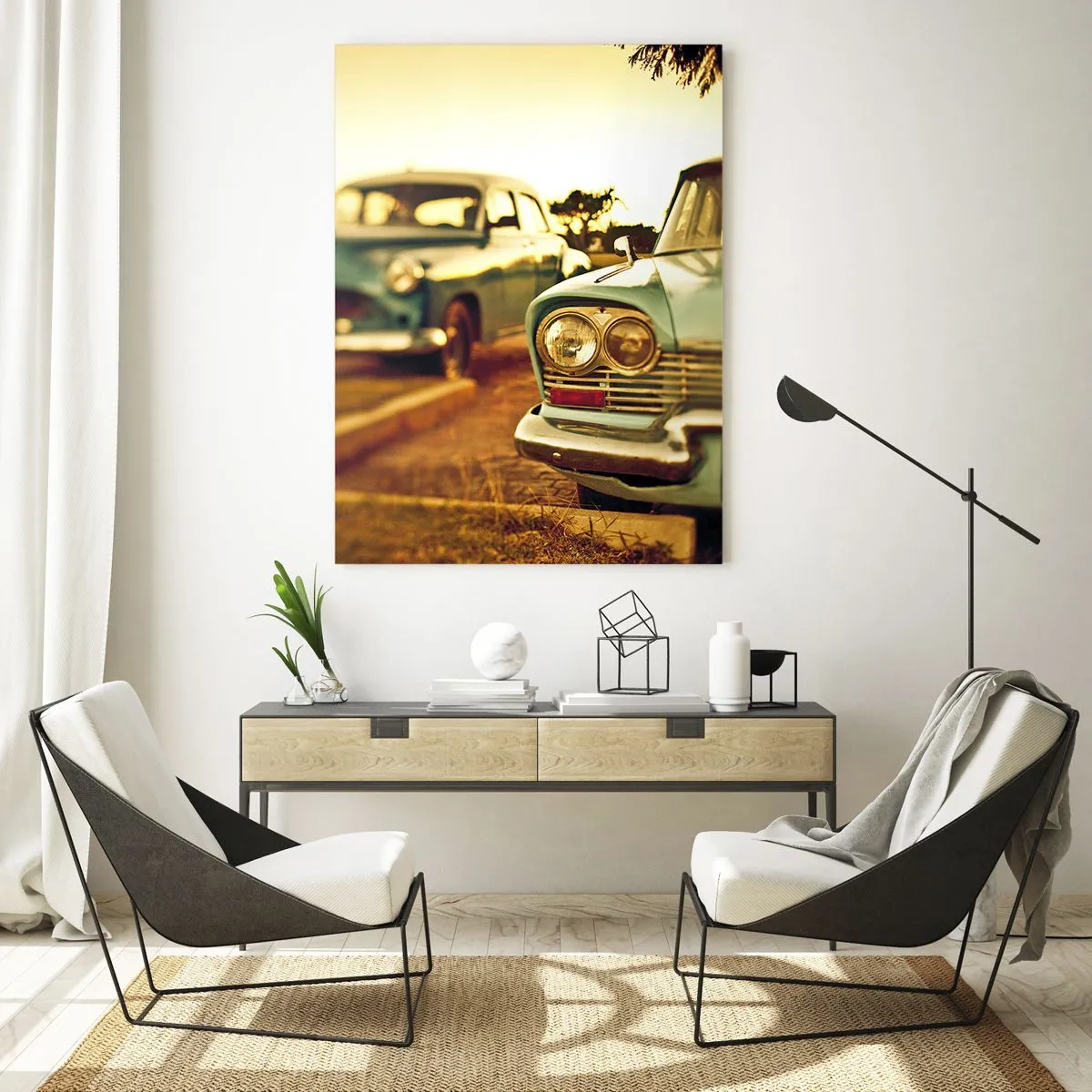 Glasbild - Bild auf glas - Oldtimer im warmen Licht des Sonnenuntergangs - 70x100cm - Wir werden abwarten und sehen - Moderne Wanddekoration für Wohnzimmer und Schlafzimmer ARTTOR