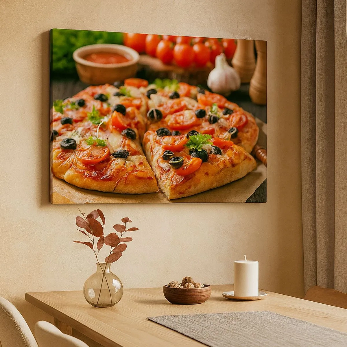 Bild auf Leinwand - Leinwandbild - Pizza mit Tomaten, Oliven und frischen Kräutern auf dem Tisch - 70x50cm - Du bist schon wieder davongekommen - Moderne Wanddekoration für Wohnzimmer und Schlafzimmer ARTTOR