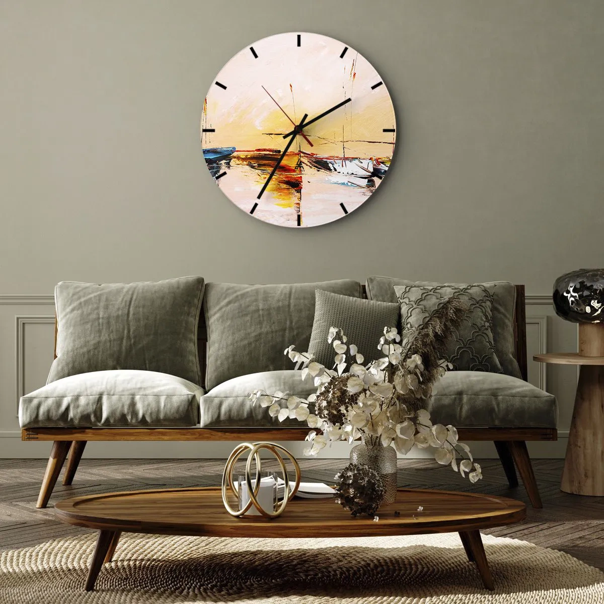 Wanduhr - Glasuhr - Segelboote in einem malerischen Hafen bei Sonnenuntergang - 30x30cm - Abend im Yachthafen - Moderne Wanddekoration für Wohnzimmer, Küche und Schlafzimmer ARTTOR