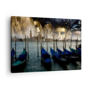 Bild auf Leinwand - Leinwandbild - Venezianische Karnevalsmasken und Gondeln vor der Kulisse der Stadt und des Wassers - 70x50cm - Es ist Zeit, den Karneval zu starten - Moderne Wanddekoration für Wohnzimmer und Schlafzimmer ARTTOR