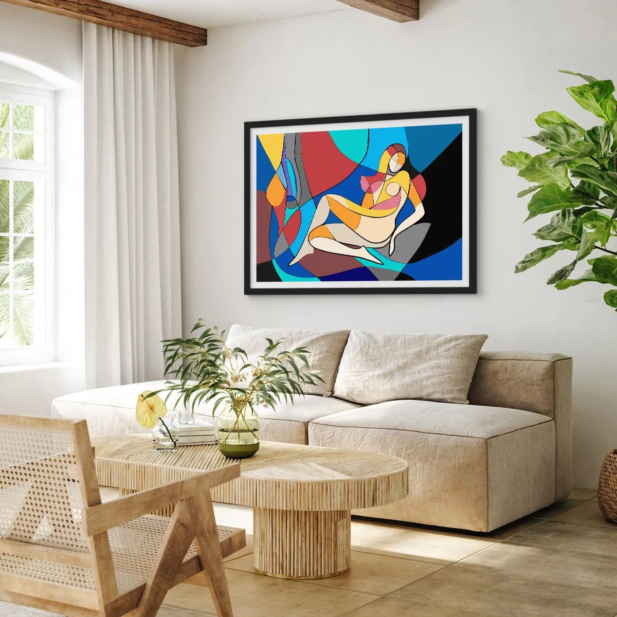 Poster in einem schwarzem Rahmen - Farbenfroher Akt im kubistischen Stil - 70x50cm - Kubistischer Akt - Moderne Wanddekoration für Wohnzimmer und Schlafzimmer ARTTOR