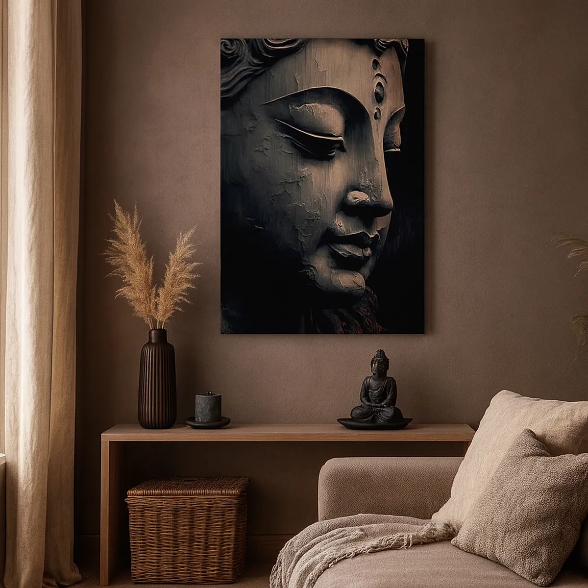 Bild auf Leinwand - Leinwandbild - Buddha-Skulptur mit einer roten Lotusblüte - 50x70cm - Im Einklang mit der Welt - Moderne Wanddekoration für Wohnzimmer und Schlafzimmer ARTTOR