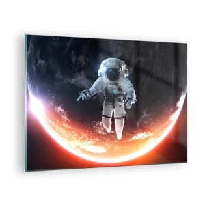Glasbild - Bild auf glas - Astronaut im Weltraum mit einem Planeten im Hintergrund - 70x50cm - Kann ich noch eine Weile bleiben? - Moderne Wanddekoration für Wohnzimmer und Schlafzimmer ARTTOR
