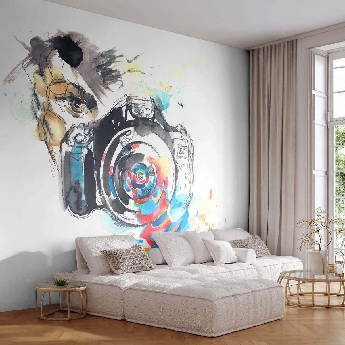 Selbstklebende Fototapete Deluxe Sticker - Im Auge der Linse - Abstraktion, Kamera, Fotograf - 250x175 cm