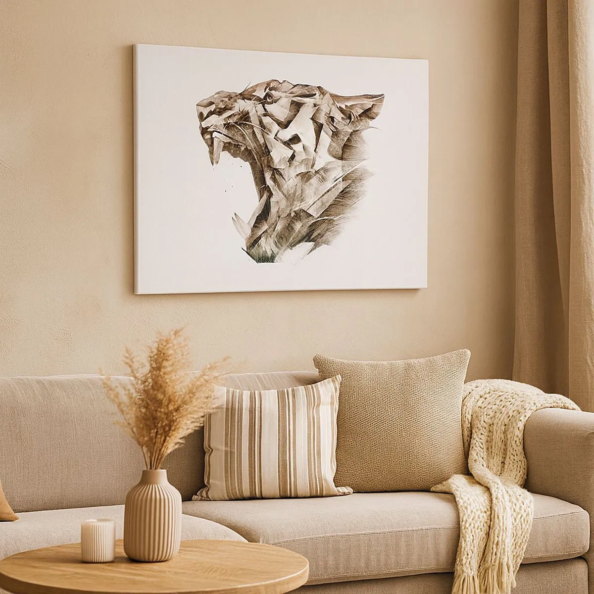 Bild auf Leinwand - Leinwandbild - Abstraktes Bild eines Tigers in Beigetönen - 70x50cm - Du weißt schon wer das Sagen hat - Moderne Wanddekoration für Wohnzimmer und Schlafzimmer ARTTOR