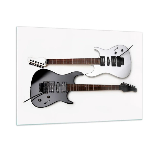 Glasbild - Bild auf glas - Schwarze und weiße E-Gitarren auf weißem Hintergrund - 120x80cm - Harmonie der Formen - Moderne Wanddekoration für Wohnzimmer und Schlafzimmer ARTTOR