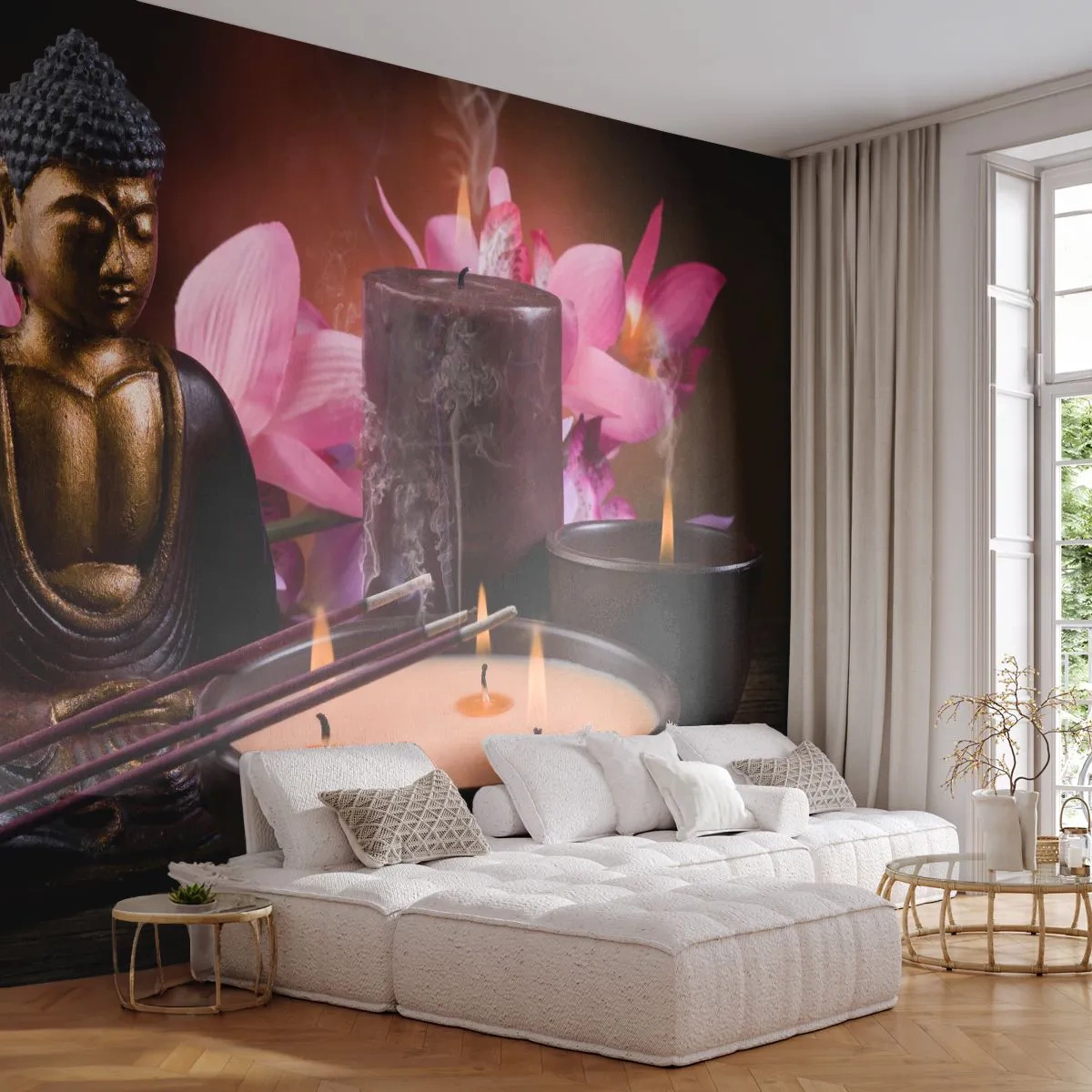 Fototapete Premium Canvas - Den Geist frei machen, den Körper beruhigen - Buddha, Religion, Blumen - 250x175 cm