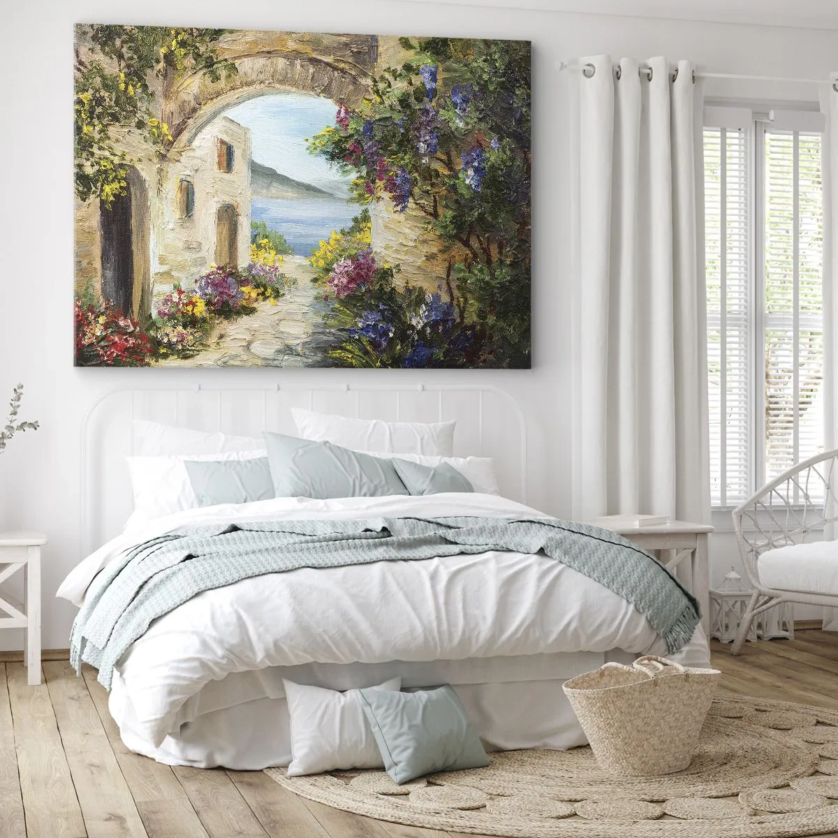 Bild auf Leinwand - Leinwandbild - Küstenlandschaft mit Steingebäuden und Blumen - 70x50cm - Charme einer Küstenprovinz - Moderne Wanddekoration für Wohnzimmer und Schlafzimmer ARTTOR