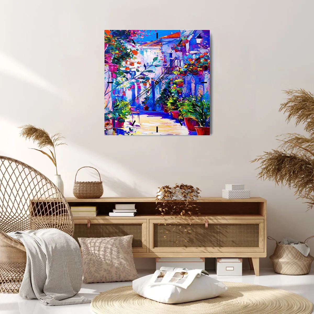 Wanduhr - Glasuhr - Eine bunte Straße voller Blumen - 30x30cm - Impresja - eine italienische Straße - Moderne Wanddekoration für Wohnzimmer und Schlafzimmer ARTTOR