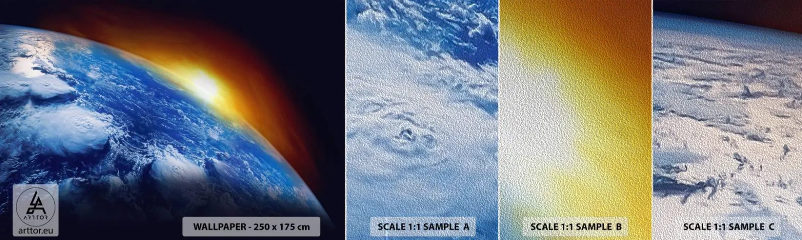 Fototapeten Muster Premium Sand - Sonnenaufgang über dem blauen Planeten - Abstraktion, 3D, Kosmos - 100x30 cm