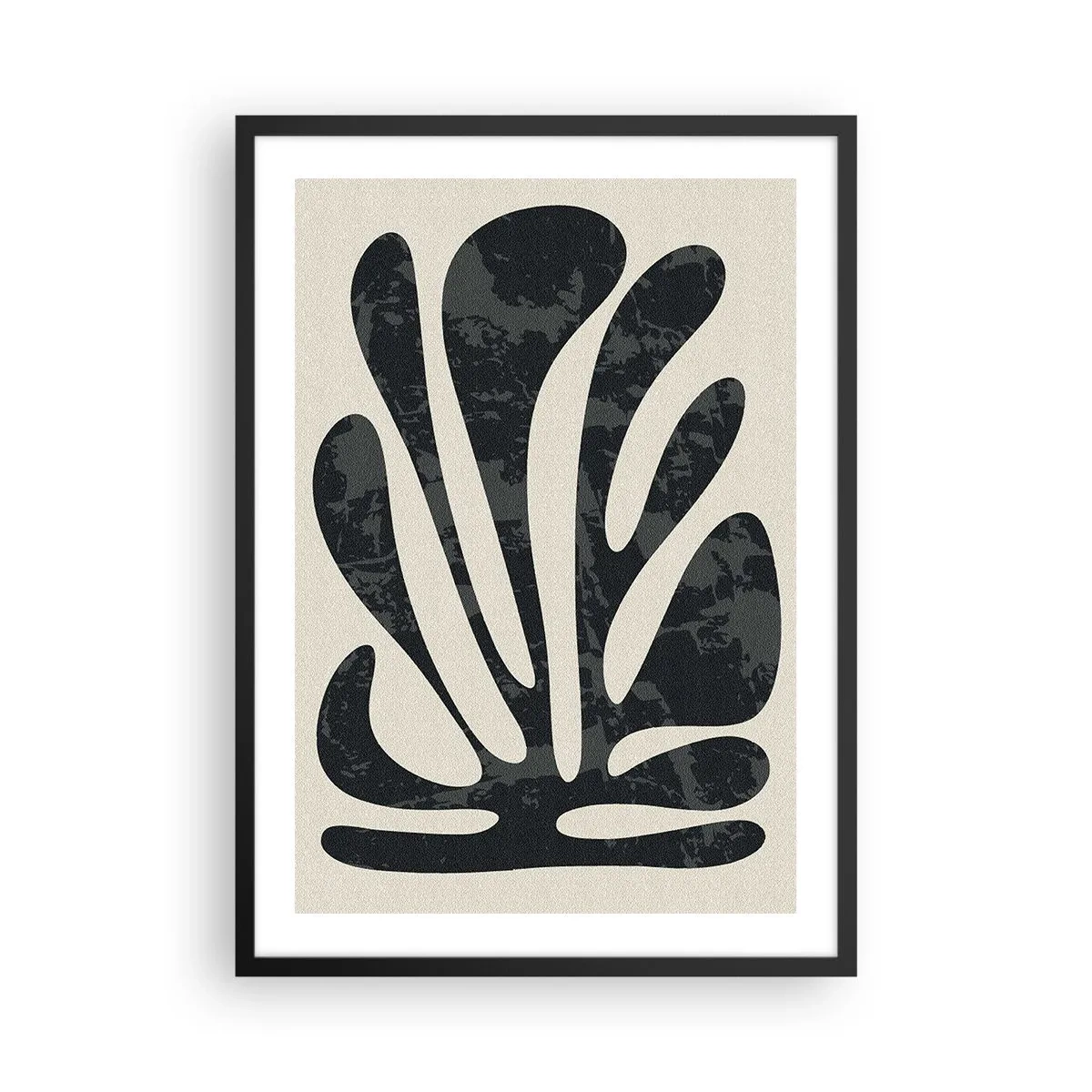 Poster in einem schwarzem Rahmen - Abstrakte schwarze Pflanzenform auf beigem Hintergrund - 50x70cm - Vielfingrige Abstraktion - Moderne Wanddekoration für Wohnzimmer und Schlafzimmer ARTTOR