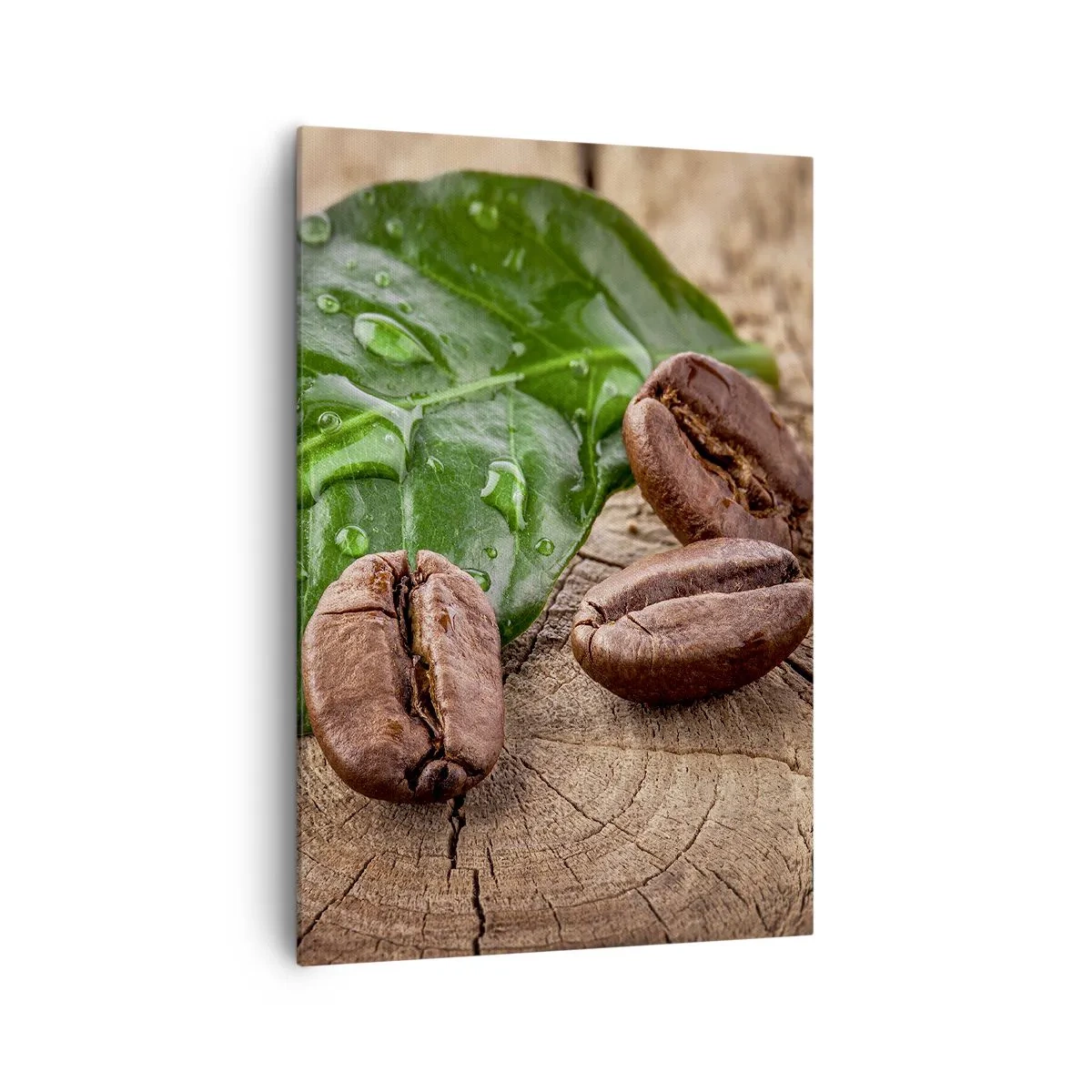Bild auf Leinwand - Leinwandbild - Kaffeebohnen und grünes Blatt auf einem hölzernen Hintergrund - 70x100cm - Der wahrste und schwarze - Moderne Wanddekoration für Wohnzimmer und Schlafzimmer ARTTOR