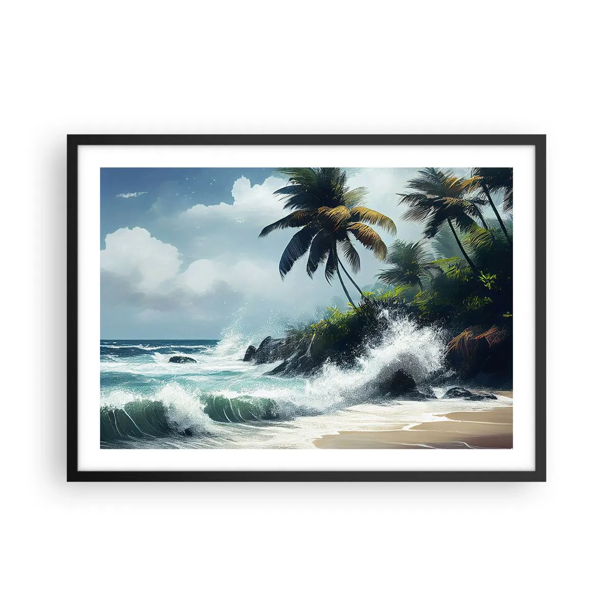 Poster in einem schwarzem Rahmen - Tropische Küste mit Palmen und rauer See - 70x50cm - Am tropischen Ufer - Moderne Wanddekoration für Wohnzimmer und Schlafzimmer ARTTOR