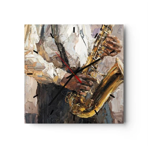 Wanduhr - Glasuhr - Ein Musiker, der Saxophon in einem künstlerischen Stil spielt - 30x30cm - Zeit fürs Solo - Moderne Wanddekoration für Wohnzimmer und Schlafzimmer ARTTOR