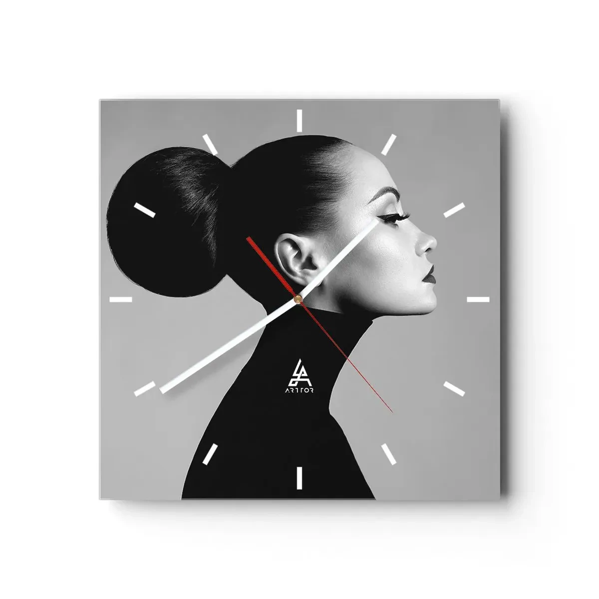 Wanduhr - Glasuhr - Profil einer Frau in Schwarz-Weiß mit einem eleganten Dutt - 30x30cm - Moderne Nofretete - Moderne Wanddekoration für Wohnzimmer und Schlafzimmer ARTTOR