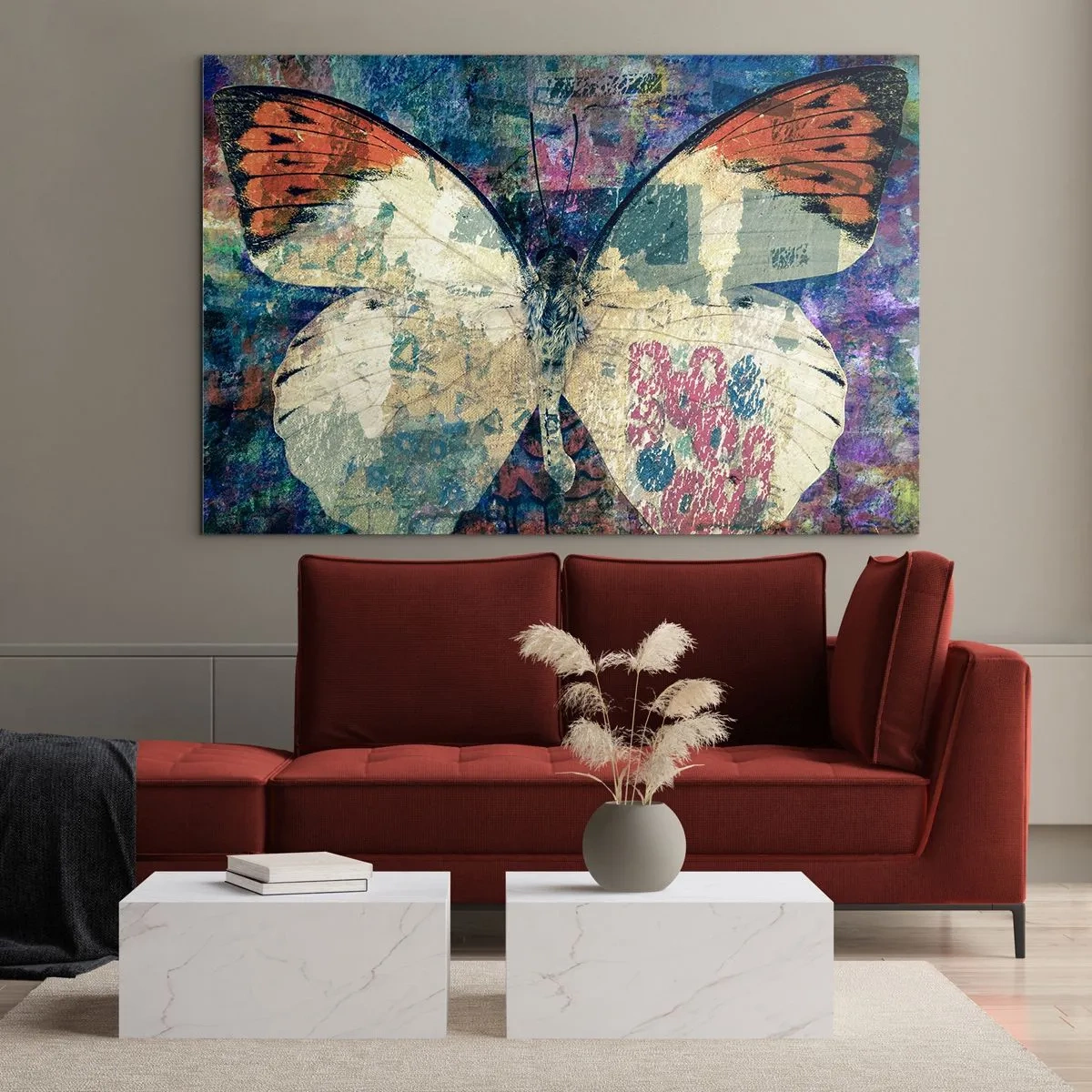 Glasbild - Bild auf glas - Ein bunter Schmetterling auf einem abstrakten Hintergrund in Blau- und Orangetönen. - 70x50cm - Subtile Zerbrechlichkeit - Moderne Wanddekoration für Wohnzimmer und Schlafzimmer ARTTOR