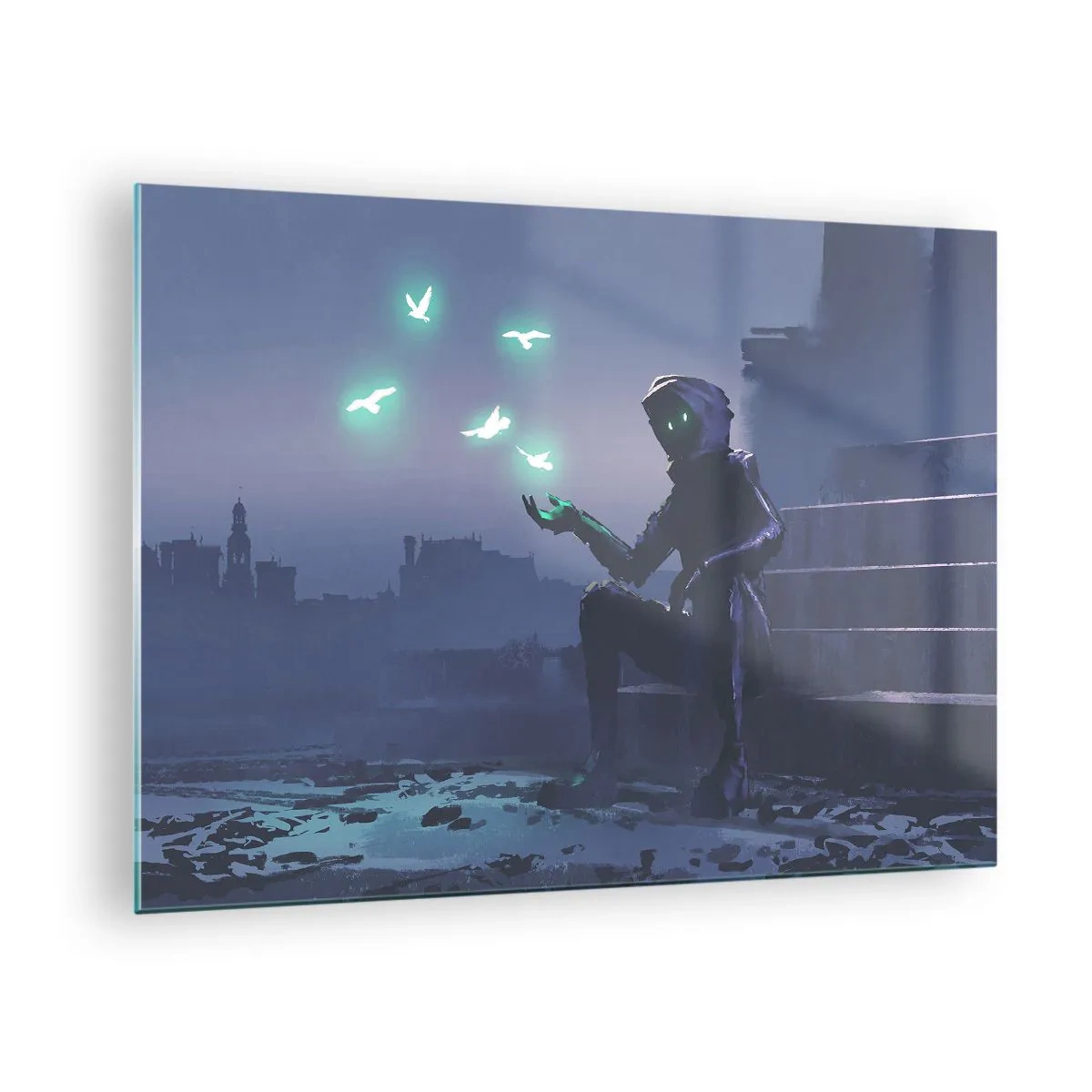 Glasbild - Bild auf glas - Eine Gestalt im Dunkeln, umgeben von schwebenden grünen Vögeln - 70x50cm - Das Leben wird zurückkommen - Moderne Wanddekoration für Wohnzimmer und Schlafzimmer ARTTOR