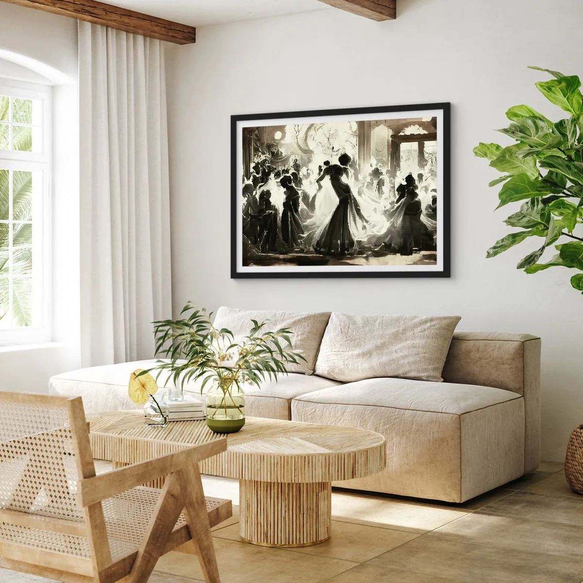 Poster in einem schwarzem Rahmen - Ball im Retro-Stil in Schwarz und Weiß - 70x50cm - Die große Maskerade - Moderne Wanddekoration für Wohnzimmer und Schlafzimmer ARTTOR