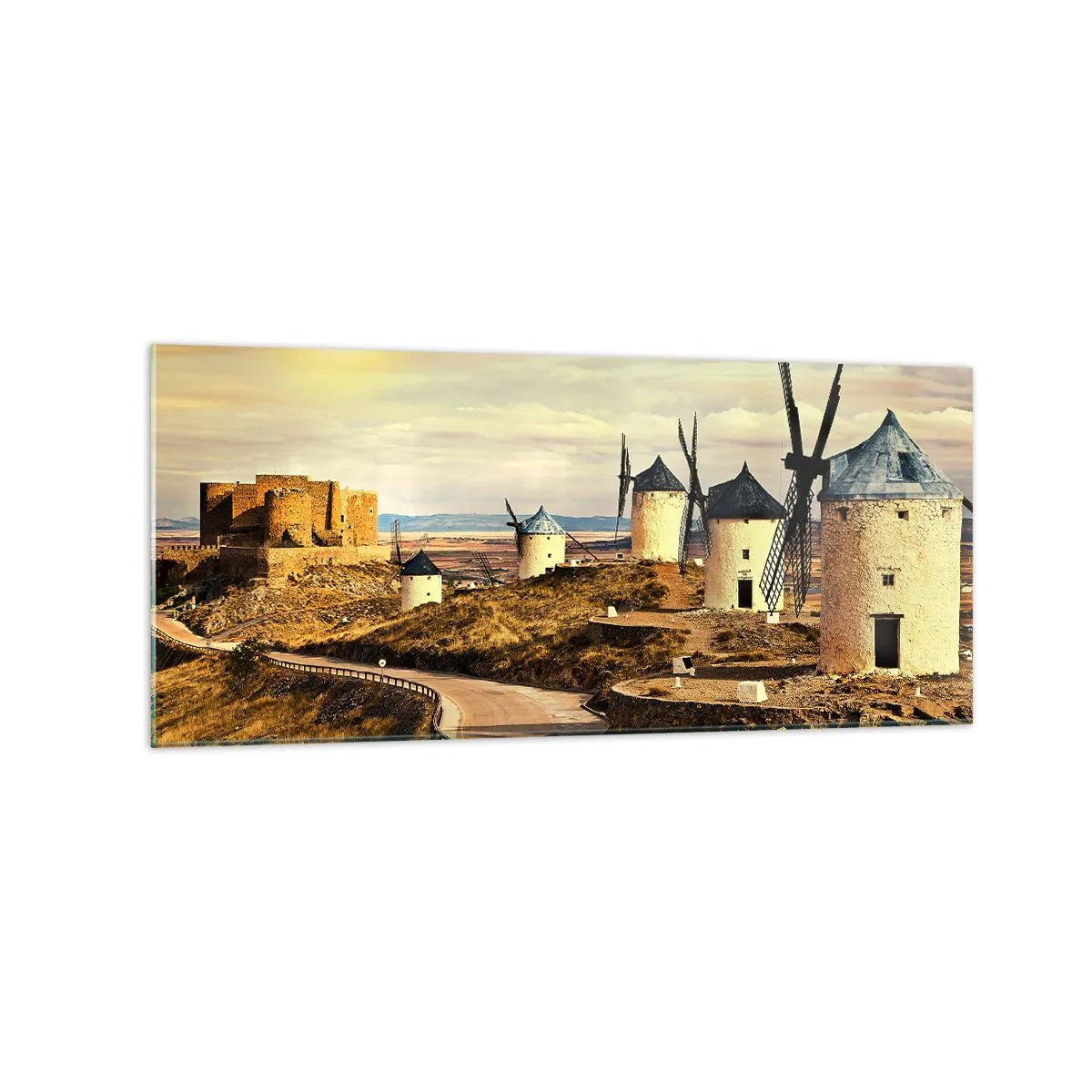 Glasbild - Bild auf glas - Windmühlen auf den Hügeln mit einer historischen Burg im Hintergrund - 120x50cm - Don Quijote kommt gleich - Moderne Wanddekoration für Wohnzimmer und Schlafzimmer ARTTOR