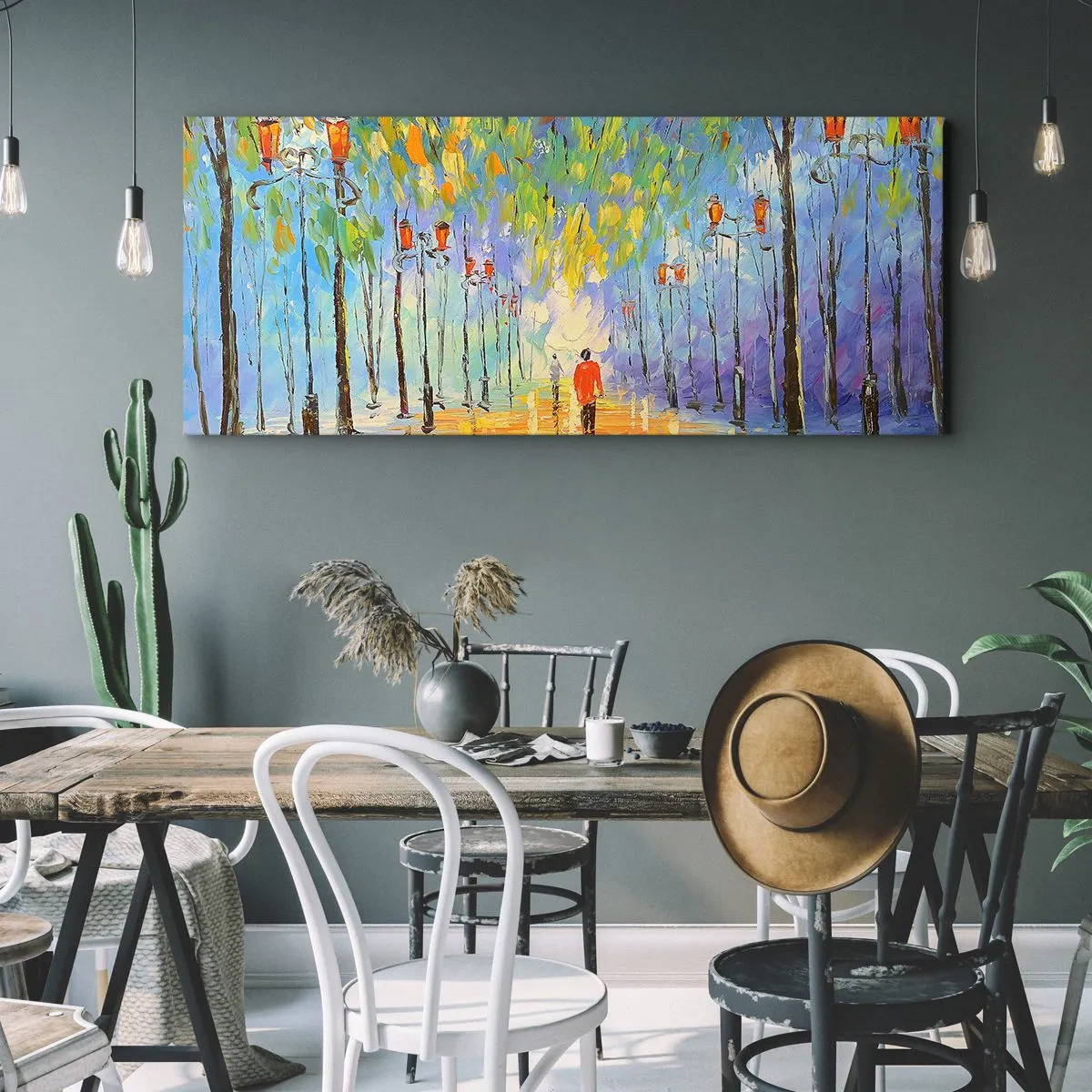 Bild auf Leinwand - Leinwandbild - Ein malerischer Spaziergang zwischen den Laternen in einer regnerischen Nacht - 120x50cm - Nachtlied des Regens - Moderne Wanddekoration für Wohnzimmer und Schlafzimmer ARTTOR