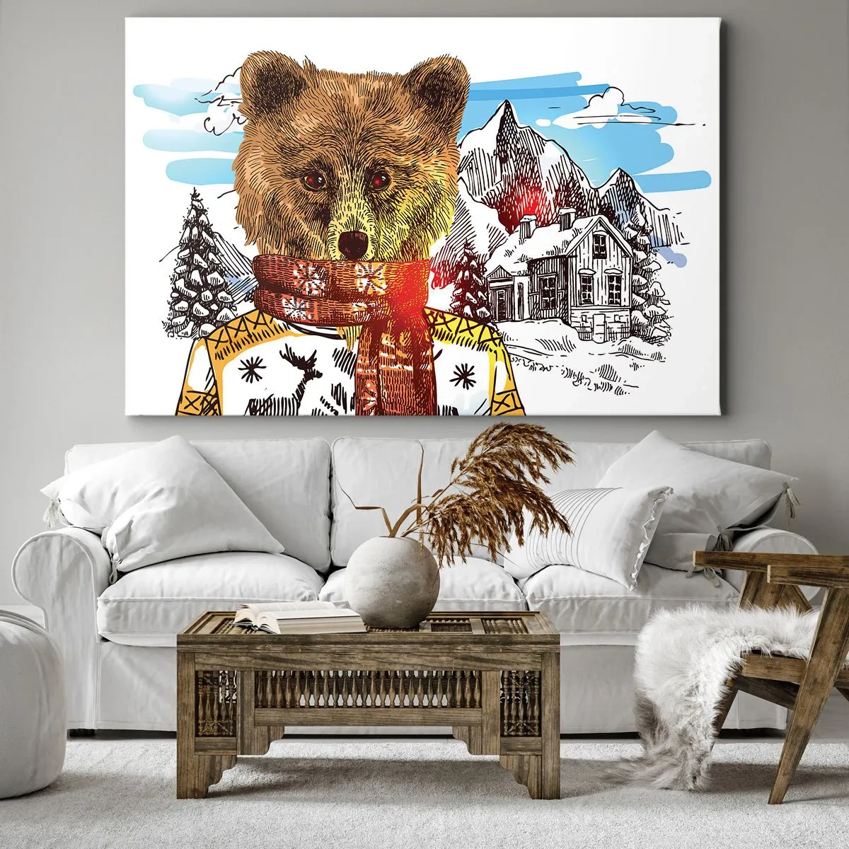 Bild auf Leinwand - Leinwandbild - Ein Bär in Pullover und Schal mit einem Berghaus im Hintergrund - 70x50cm - Die Bärenhütte - Moderne Wanddekoration für Wohnzimmer und Schlafzimmer ARTTOR