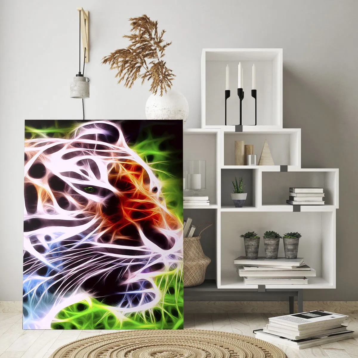 Glasbild - Bild auf glas - Farbenfrohes künstlerisches Porträt eines Tigers im Neonstil auf schwarzem Hintergrund. - 80x120cm - Schreckliche Aura - Moderne Wanddekoration für Wohnzimmer und Schlafzimmer ARTTOR